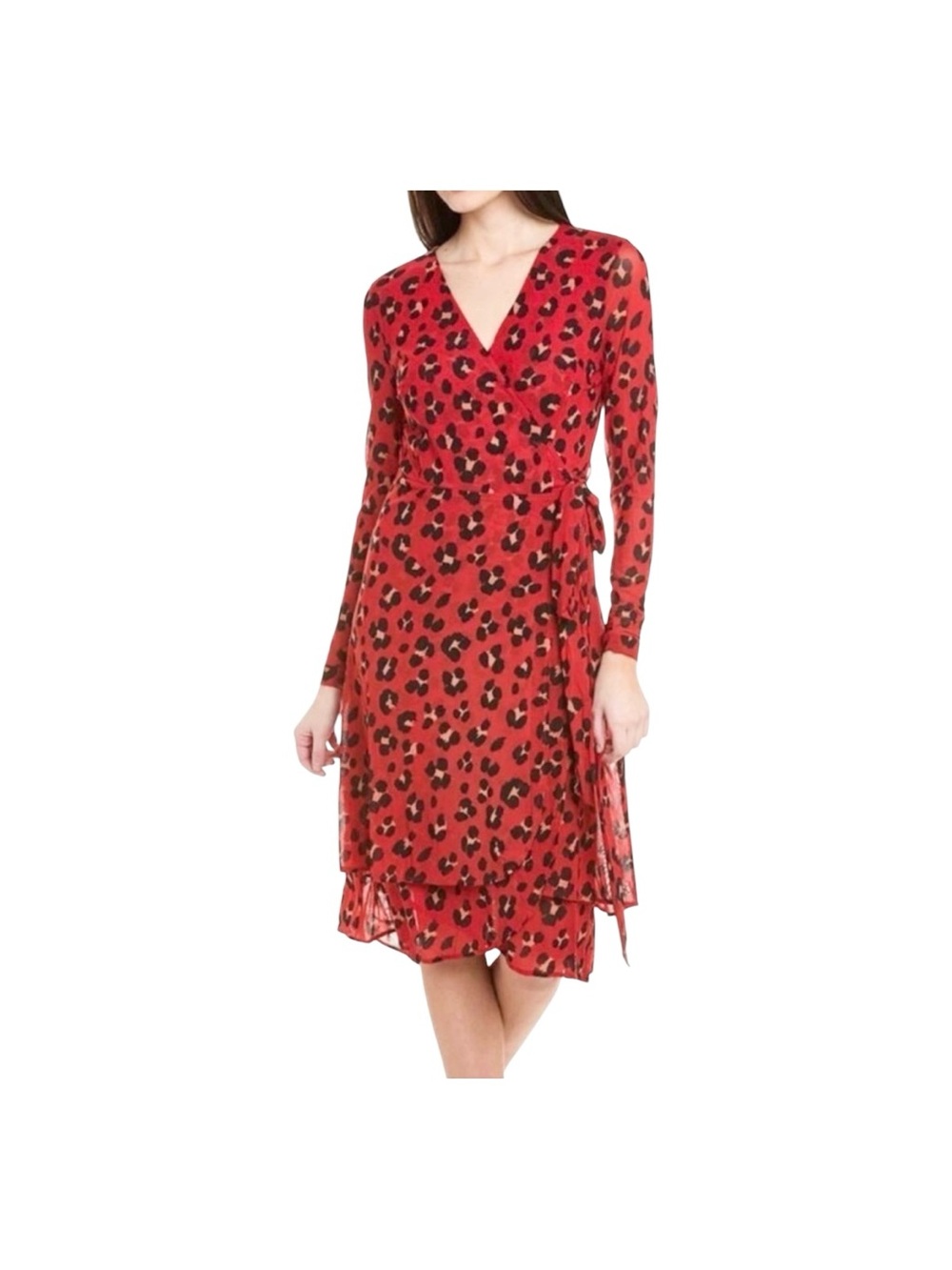 CABI Leopard Print Wrap Dress Long Sleeves Tie Waist Midi Medium